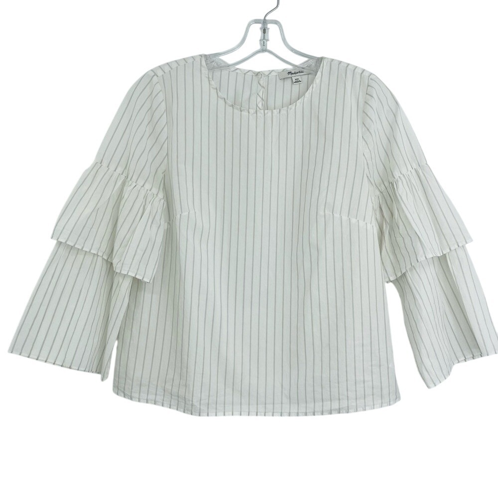 Madewell Ruffle Sleeve Top Womens XXS White Grey Striped Tiered Bell Sleeve